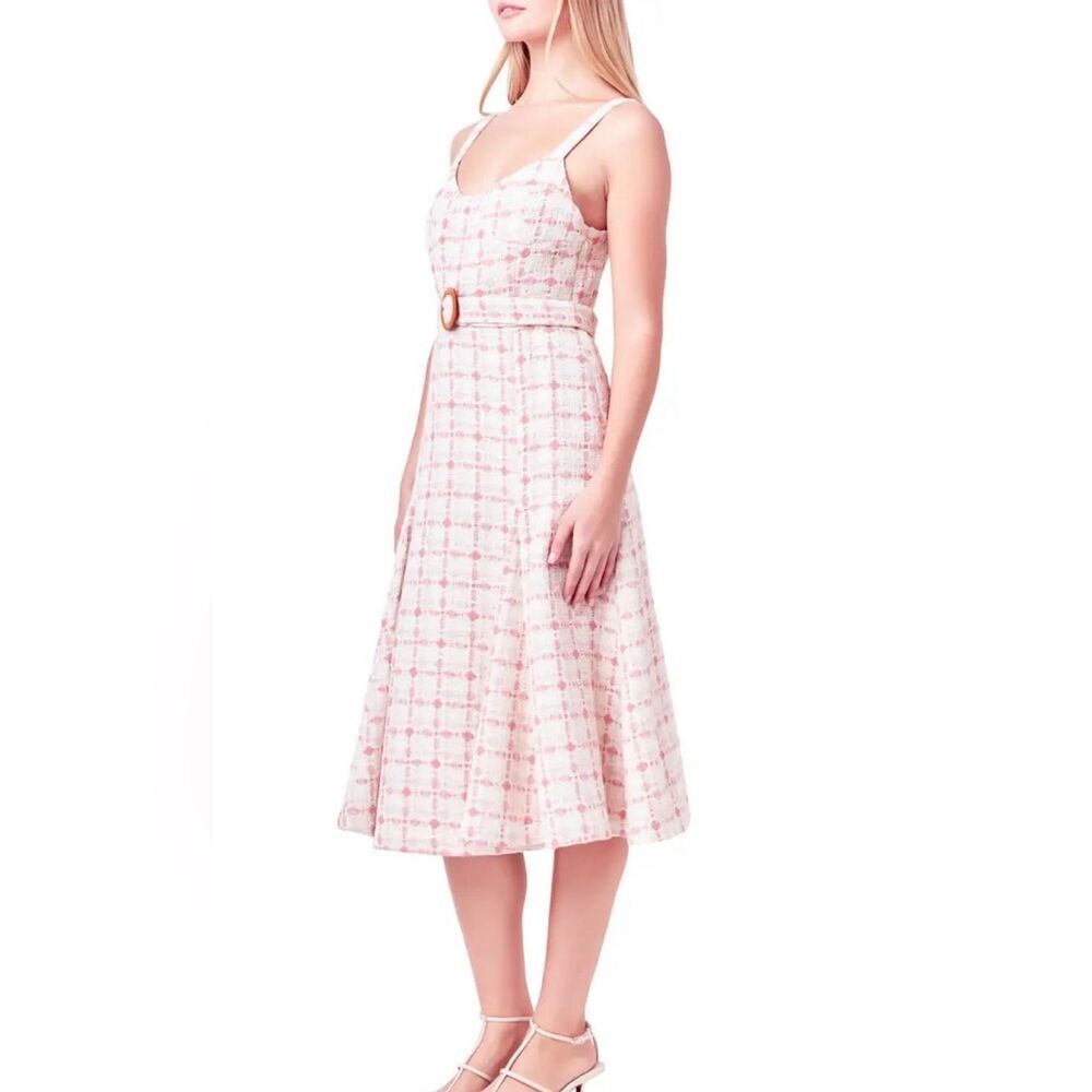 English factory belted tweed fit and flare midi dress pink